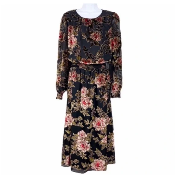 Vince Camuto | Dresses | Vince Camuto Velvet Floral Black Chiffon Midi Dress  M | Poshmark